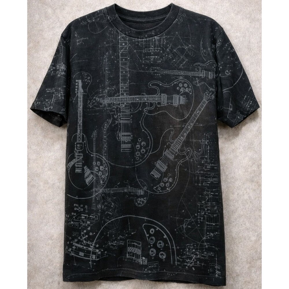 Vtg Guitar Schematic Black AOP Blueprint Graphic Rock Music Tee T Shirt Men XL